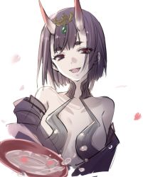 Rule 34 | 1girl, alcohol, bare shoulders, blush, bob cut, breasts, cha chazi, collarbone, cup, fangs, fate/grand order, fate (series), headpiece, horns, japanese clothes, kimono, long sleeves, looking at viewer, oni, open mouth, petals, purple eyes, purple hair, purple kimono, revealing clothes, sakazuki, sake, short hair, shuten douji (fate), skin-covered horns, small breasts, smile, white background, wide sleeves