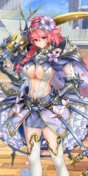 Rule 34 | 1girl, armor, bloom (queen&#039;s blade), braid, breasts, hand on own hip, highres, holding, holding sword, holding weapon, large breasts, navel, non-web source, official art, pink hair, purple eyes, queen&#039;s blade, queen&#039;s blade limit break, side braid, skirt, sword, weapon