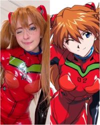 Rule 34 | 1girl, blue eyes, bodysuit, brazilian (nationality), breasts, brown hair, completely nude, cosplay, expressionless, freckles, hairpods, hand on own hip, highres, interface headset, looking at viewer, medium breasts, memepantazis, neon genesis evangelion, nude, photo (medium), plugsuit, red bodysuit, shiny clothes, small breasts, souryuu asuka langley, souryuu asuka langley (cosplay), standing, twintails, two side up