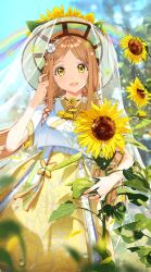 Rule 34 | 1girl, black choker, blonde hair, blush, breasts, choker, day, dress, flower, hair flower, hair ornament, highres, long hair, looking at viewer, low twintails, medium breasts, open mouth, original, outdoors, rainbow, see-through, sky, smile, solo, sunflower, sunflower hair ornament, ttorong, twintails, two-tone dress, veil, white dress, yellow dress, yellow eyes, yellow flower