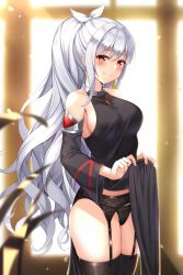 Rule 34 | 1girl, bad id, bad pixiv id, bare shoulders, black dress, black panties, black thighhighs, blurry, blurry background, blurry foreground, blush, breasts, brown eyes, closed mouth, clothes lift, cowboy shot, cross, cross necklace, detached sleeves, dress, dungeon and fighter, garter belt, grey hair, groin, hair ribbon, highres, jewelry, large breasts, long hair, looking at viewer, maemi (maemi12), necklace, panties, pelvic curtain, pelvic curtain lift, ribbon, sidelocks, skindentation, smile, solo, thighhighs, underwear, very long hair, white ribbon, wide sleeves