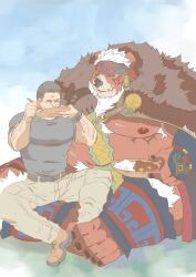 Rule 34 | 2boys, ainu clothes, animal ears, bara, bear boy, bear ears, belt, brown fur, chest tuft, chris redfield, content rating, crossover, fang, fang out, furry, furry male, hairy, happy, headband, highres, kimun kamui (housamo), kusarikake, large feet, large pectorals, male focus, multiple boys, muscular, muscular male, pants, pectorals, resident evil, scar, scar on face, scar on mouth, shirt, sitting, sitting on lap, sitting on person, size difference, t-shirt, thick arm hair, thick eyebrows, tokyo houkago summoners, tribal