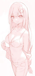 Rule 34 | 1girl, absurdres, blush, bra, breasts, character request, check character, check copyright, cleavage, cloba, collarbone, copyright request, earrings, hair ornament, hand up, heart, heart earrings, highres, hololive, hololive english, jewelry, large breasts, long hair, looking at viewer, medium breasts, monochrome, navel, off shoulder, open fly, open mouth, open pants, pants, sketch, smile, solo, underwear, undressing, unfinished, virtual youtuber, watson amelia
