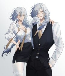 Rule 34 | 1boy, 1girl, absurdres, black pants, black skirt, black vest, braid, braided ponytail, breasts, business suit, character request, cleavage, closed mouth, collarbone, earrings, feet out of frame, formal, girls&#039; frontline, girls&#039; frontline neural cloud, grey hair, hand in pocket, hand on another&#039;s shoulder, hand on own hip, highres, jewelry, lips, long hair, long sleeves, looking at viewer, lord eosphoros (neural cloud), medium breasts, necktie, open mouth, pants, pantyhose, shinyuxo, shirt, skirt, sleeves rolled up, smile, standing, suit, vest, white background, white pantyhose, white shirt, yellow eyes, yellow necktie
