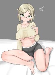 Rule 34 | 1girl, absurdres, barefoot, breasts, crop top, dated, folded ponytail, glasses, green eyes, grey background, grey hair, grey shorts, highres, kantai collection, katori (kancolle), large breasts, maru (marg0613), midriff, navel, one-hour drawing challenge, shirt, short shorts, shorts, simple background, solo, twitter username, underboob, white shirt