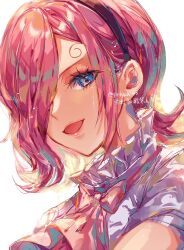 Rule 34 | 1girl, artist name, black headband, blue eyes, commentary request, curly eyebrows, girikashi43, hair over one eye, headband, highres, looking at viewer, necktie, one piece, open mouth, parted bangs, pink hair, simple background, solo, vinsmoke reiju, white background