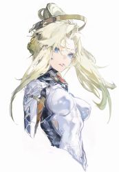 Rule 34 | 1girl, blonde hair, breasts, cropped torso, floating hair, halo, highres, looking afar, mechanical halo, medium breasts, mercy (overwatch), messikid, overwatch, overwatch 1, simple background, solo, upper body, white background