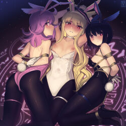 Rule 34 | 3girls, animal ears, armpits, arms behind back, arms up, ass, bare shoulders, bdsm, black hair, black leotard, black pantyhose, blonde hair, bondage, bound, bound ankles, breasts, cad (caddo), choker, commentary request, fake tail, fate/grand order, fate (series), gloves, high heels, highres, hildr (fate), leotard, medium breasts, multiple girls, nipples, ortlinde (fate), pantyhose, purple hair, purple leotard, rabbit ears, rabbit tail, red eyes, strapless, strapless leotard, tail, thigh strap, thighs, thrud (fate), valkyrie (fate), white gloves, white leotard