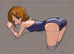 Rule 34 | 10s, 1girl, ass, bent over, brown eyes, brown hair, competition school swimsuit, grey background, happinesscharge precure!, looking at viewer, one-piece swimsuit, oomori yuuko, precure, rohitsuka, school swimsuit, short hair, simple background, sketch, solo, swimsuit
