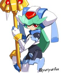 Rule 34 | 1girl, armor, commentary request, cowboy shot, crotch plate, forehead jewel, green hair, helmet, holding, holding staff, long hair, mega man (series), mega man zx, model w (mega man), pandora (mega man), power armor, red eyes, simple background, solo, staff, white armor, white background, white helmet, yuriyuri (ccc)