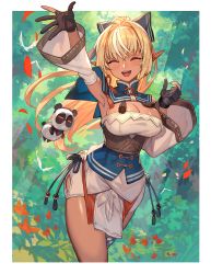Rule 34 | 1girl, 1other, ^ ^, armpits, black gloves, blonde hair, breasts, cleavage, closed eyes, cowboy shot, dark-skinned female, dark skin, detached sleeves, elf, fairy, gloves, hair ribbon, highres, hololive, lack, large breasts, leaf, long hair, maple leaf, open mouth, outdoors, pointy ears, ponytail, ribbon, shiranui flare, shiranui flare (old design), smile, solo, virtual youtuber