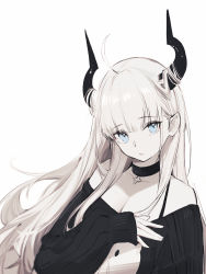 Rule 34 | 1girl, ahoge, black choker, black sweater, blue eyes, breasts, choker, cleavage, commentary, cross, cross choker, highres, horns, long hair, looking at viewer, nekojira, off shoulder, original, parted lips, simple background, solo, spaghetti strap, sweater, symbol-only commentary, upper body, white background, white hair