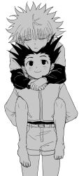 Rule 34 | 2boys, barefoot, black hair, blush, carrying, carrying person, child, gon freecss, hamm burger, highres, hunter x hunter, killua zoldyck, layered sleeves, long sleeves, looking at another, male focus, monochrome, multiple boys, shirt, short hair, short over long sleeves, short sleeves, shorts, simple background, sleeping, smile, spiked hair, white background, white hair, white shirt