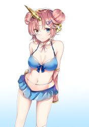 Rule 34 | 1girl, arms behind back, bikini, blue background, blue bikini, blue eyes, breasts, cleavage, double bun, fate/apocrypha, fate (series), frankenstein&#039;s monster (fate), frankenstein&#039;s monster (swimsuit saber) (second ascension) (fate), gradient background, hair bun, hair ornament, hairclip, heterochromia, highres, huruneko1014, medium breasts, navel, pink hair, solo, standing, swimsuit, white background, yellow eyes