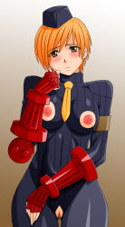 Rule 34 | 1girl, blush, brown eyes, capcom, censored, crotchless, embarrassed, fingerless gloves, gloves, hat, highres, juni (street fighter), makani kohitujito, necktie, nippleless clothes, nipples, orange hair, pussy, short hair, simple background, skin tight, solo, street fighter, tagme