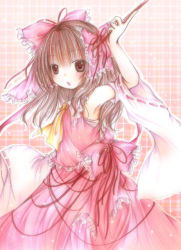 Rule 34 | 1girl, bow, checkered background, dress, female focus, hakurei reimu, kasuga sunao, long hair, looking at viewer, pink bow, pink dress, red eyes, rod, solo, touhou, yellow bow