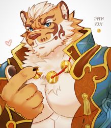 Rule 34 | 1boy, abs, abs cutout, animal ears, bara, bare pectorals, beckoning, beige fur, blue eyes, cleavage cutout, clothing cutout, english text, fluffy, furry, furry male, large pectorals, lin hu (nekojishi), looking at viewer, male focus, muscular, muscular male, nekojishi, orange fur, pectoral cleavage, pectorals, short hair, skin tight, smile, solo, thick eyebrows, tiger boy, tiger ears, tiger stripes, tora d, upper body