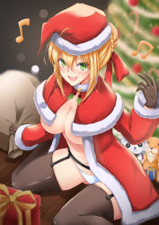 Rule 34 | 1girl, :d, black gloves, black thighhighs, blonde hair, blush, box, breasts, capelet, christmas, christmas tree, fate/extra, fate (series), garter straps, gift, gift box, gloves, green eyes, hand up, hat, highres, isane, large breasts, musical note, navel, nero claudius (fate), nero claudius (fate) (all), nero claudius (fate/extra), open mouth, panties, red hat, santa hat, short hair, sitting, smile, solo, stuffed animal, stuffed toy, thighhighs, underboob, underwear, white panties