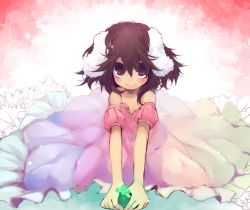 Rule 34 | 1girl, animal ears, bad id, bad pixiv id, bare shoulders, brown eyes, brown hair, clover, dress, ears down, female focus, four-leaf clover, htm (gixig), inaba tewi, off shoulder, pink dress, rabbit ears, short hair, solo, touhou