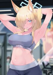 Rule 34 | animal ears, blonde hair, blue archive, blue eyes, breasts, extra ears, hair over one eye, highres, inuinuo gataken, kanna (blue archive), large breasts, long hair, looking at viewer, sports bra, sportswear