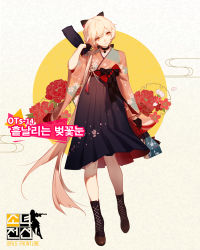 Rule 34 | 1girl, arm up, ask (askzy), black gloves, boots, bow, chinese text, choker, closed mouth, cross-laced footwear, floral print, full body, girls&#039; frontline, gloves, hair bow, hair over shoulder, hakama, hakama short skirt, hakama skirt, half gloves, head tilt, high-waist skirt, highres, japanese clothes, long hair, low ponytail, meiji schoolgirl uniform, official alternate costume, official art, orange eyes, ots-14 (flurry of petals) (girls&#039; frontline), ots-14 (girls&#039; frontline), pink hair, skirt, solo, very long hair, wide sleeves