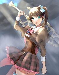 Rule 34 | 1girl, arm at side, arm up, assault lily, belt, belt buckle, blue bow, blue eyes, blush, bow, bowtie, brown belt, brown hair, brown jacket, brown skirt, buckle, coattails, collared shirt, commentary request, corset, cowboy shot, day, frilled skirt, frills, from side, hair bow, high ponytail, highres, holding, holding weapon, houjou monica asahi, jacket, jewelry, juliet sleeves, long hair, long sleeves, looking to the side, ludvico private girls&#039; academy school uniform, miniskirt, multiple belts, necklace, outdoors, over shoulder, parted lips, pendant, pink bow, pink bowtie, plaid, plaid skirt, puffy sleeves, school uniform, shakeza, shirt, side ponytail, skirt, smoke, solo, standing, sunlight, underbust, v-shaped eyebrows, weapon, weapon over shoulder, white shirt, zipper pull tab