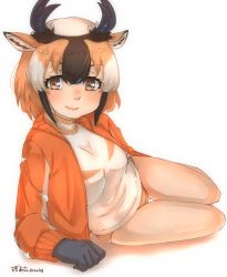 Rule 34 | 1girl, animal ears, arm support, bare legs, black hair, braid, brown eyes, brown hair, buruma, closed mouth, extra ears, full body, gloves, grey hair, highres, horizontal pupils, horns, jacket, kemono friends, kemono friends 2, legs together, lips, long sleeves, looking at viewer, lying, medium hair, multicolored hair, on side, open clothes, open jacket, pronghorn (kemono friends), sexy satsujin sliding, shirt, single braid, skindentation, smile, solo, sportswear, thigh gap, thin (suzuneya), track jacket, turtleneck, white background