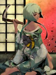 Rule 34 | 1girl, bare shoulders, chain, commentary request, dark-skinned female, dark skin, emerald sustrai, from behind, green hair, japanese clothes, kimono, kusarigama, looking back, open clothes, open kimono, red eyes, rwby, short hair with long locks, sickle, solo, sumiwow, weapon