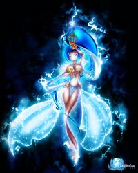 Rule 34 | 1girl, arabian clothes, bare arms, bare legs, bare shoulders, blue eyes, blue gemstone, blue hair, blue thong, bottle, bracelet, breasts, cleavage, cloth, crystal (genie), female focus, gem, genie, gold, hachimitsu-ink, harem outfit, high ponytail, highres, jewelry, large breasts, lightning, loincloth, long hair, looking at viewer, midriff, navel, neck ring, nipple piercing, nipple rings, original, piercing, ponytail, slave, smile, solo, tail, thong, watermark, wide hips