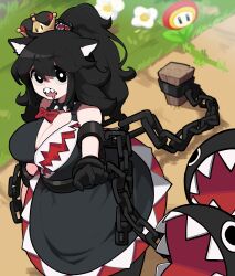 Rule 34 | 1girl, absurdres, animal ears, black dress, black eyes, black footwear, black gloves, black hair, bow, breasts, bright pupils, chain chomp, cleavage, collar, collarbone, commentary, cuffs, dog ears, dog girl, dress, drooling, elbow gloves, fire flower, gloves, highres, industrial pipe, large breasts, long hair, looking away, mario (series), min lona, mouth drool, new super mario bros. u deluxe, nintendo, open mouth, personification, ponytail, princess chain chomp, red bow, shackles, sharp teeth, solo, spiked collar, spikes, super crown, teeth, upper teeth only, white pupils
