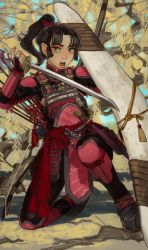 Rule 34 | 1girl, armor, arrow (projectile), black hair, boomerang, bow (weapon), breastplate, brown eyes, highres, holding, holding sword, holding weapon, inuyasha, japanese armor, katana, kusazuri, looking at viewer, mossacannibalis, multiple swords, on one knee, open mouth, outdoors, ponytail, quiver, reverse grip, sango (inuyasha), scabbard, sheath, solo, sword, tassel, weapon