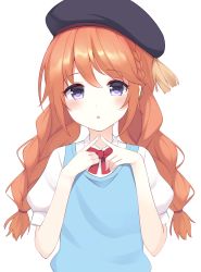 Rule 34 | 1girl, :o, absurdres, black hat, blush, bow, bowtie, braid, cardigan vest, commentary request, hat, highres, index fingers together, looking at viewer, orange hair, princess connect!, purple eyes, school uniform, simple background, solo, twin braids, upper body, white background, yuni (princess connect!), zeatto