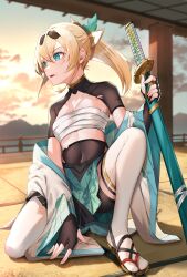 Rule 34 | 1girl, absurdres, almico, aqua eyes, bandages, breasts, cleavage, fingerless gloves, gloves, highres, hololive, holox, kazama iroha, long hair, ponytail, sandals, small breasts, solo, sword, virtual youtuber, weapon, zouri
