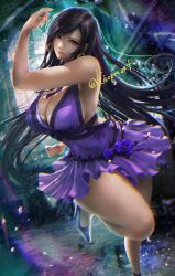 Rule 34 | 1girl, bare arms, bare legs, bare shoulders, black hair, breasts, cleavage, clenched hand, closed mouth, commentary, crescent, crescent earrings, crescent moon, dress, earrings, fighting stance, final fantasy, final fantasy vii, final fantasy vii remake, foot out of frame, gold earrings, hand up, high heels, highres, jewelry, kaopon, knee up, large breasts, light smile, long hair, looking at viewer, moon, official alternate costume, pink nails, purple dress, purple footwear, red eyes, short dress, solo, standing, standing on one leg, swept bangs, thighs, tifa lockhart, tifa lockhart (refined dress), twitter username