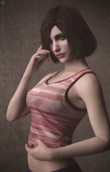 Rule 34 | 1girl, 3d, artist request, bare shoulders, breasts, brown hair, casual, cleavage, eileen galvin, highres, kitchen, lips, medium breasts, missally, navel, shiny skin, short hair, silent hill, silent hill (series), silent hill 4: the room, solo, standing, tank top, thighs, wide hips