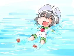 Rule 34 | 1girl, afloat, black hair, chibi, closed eyes, floating, gradient background, hat, murasa minamitsu, neckerchief, open mouth, outstretched arms, sailor, sailor hat, shinapuu, short hair, smile, solo, touhou, water