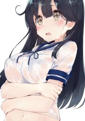 Rule 34 | 10s, 1girl, :o, ahoge, black hair, blunt bangs, blush, breast hold, breasts, crossed arms, eyebrows, from side, grey eyes, hair between eyes, hand on own stomach, highres, holding own arm, kantai collection, kou mashiro, large breasts, long hair, looking at viewer, looking back, midriff, navel, no bra, open mouth, parted bangs, raised eyebrows, ribbon, school uniform, see-through, serafuku, shirt, short sleeves, simple background, sleeve cuffs, solo, surprised, tears, upper body, ushio (kancolle), wet, wet clothes, wet shirt, white background, white shirt, wide-eyed