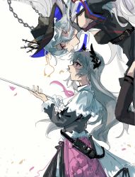 Rule 34 | 2girls, ammunition belt, arknights, bare shoulders, belt, black dress, black headwear, black jacket, black thighhighs, capelet, chain, closed mouth, cowboy shot, dress, e-fa-dorn, from side, grey hair, head wings, highres, holding, holding sword, holding weapon, irene (arknights), jacket, layered skirt, long hair, long sleeves, looking at another, multiple girls, parted lips, photoshop (medium), profile, purple eyes, purple skirt, rapier, red eyes, simple background, skirt, smile, specter (arknights), specter the unchained (arknights), sword, thighhighs, weapon, white background, white capelet, white skirt, wings