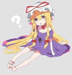 Rule 34 | 1girl, ?, aged down, bare legs, bare shoulders, barefoot, black ribbon, blonde hair, blush, bow, choker, commentary request, dress, elbow gloves, full body, gloves, grey background, hair between eyes, hair bow, hat, hat ribbon, head tilt, highres, long hair, looking at viewer, mob cap, off-shoulder dress, off shoulder, open mouth, puffy short sleeves, puffy sleeves, purple dress, purple eyes, red bow, red choker, red ribbon, ribbon, ribbon choker, satoupote, short sleeves, sidelocks, simple background, sitting, solo, touhou, very long hair, white gloves, white hat, yakumo yukari, yakumo yukari (young)