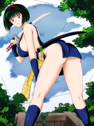 Rule 34 | 1girl, arm support, ass, ass focus, bare legs, bare shoulders, black hair, blue sky, bob cut, breasts, choker, cleavage, comb, curvy, dress, eyeshadow, forest, green hair, hairband, highres, huge ass, inuyasha, katana, large breasts, lips, lipstick, looking back, looking down, looking to the side, makeup, mitora5, nature, no bra, no panties, open mouth, red eyes, revealing clothes, sakasagami no yura, shiny clothes, shiny skin, short dress, short hair, simple background, sky, solo, sword, toeless legwear, weapon, wide hips