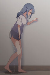 Rule 34 | 1girl, ^ ^, barefoot, blue hair, blush, breasts, closed eyes, collarbone, embarrassed, feet, female focus, from side, full body, grey background, grey shirt, grey shorts, hand up, have to pee, heel up, highres, indoors, knees together feet apart, legs, long hair, open mouth, original, pee, peeing, peeing self, puddle, raised eyebrows, shirt, short shorts, short sleeves, shorts, side slit, sidelocks, sideways mouth, small breasts, solo, standing, sweat, thighs, watakarashi, wet, wet clothes