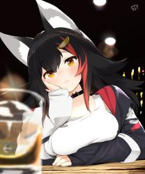 Rule 34 | 1girl, alcohol, animal ear fluff, animal ears, black hair, blurry, blush, breast rest, breasts, closed mouth, collarbone, copyright name, counter, cup, drinking glass, hair ornament, hairclip, head rest, highres, hololive, long hair, long sleeves, looking at viewer, medium breasts, multicolored hair, nejime, ookami mio, ookami mio (casual), red hair, signature, solo, streaked hair, upper body, virtual youtuber, wolf ears, wolf girl, yellow eyes