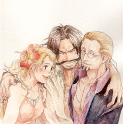 Rule 34 | 1girl, 2boys, blonde hair, chikama (minka), couple, facial hair, flower, freckles, glasses, gol d. roger, hug, multiple boys, mustache, one piece, painting (medium), pirate, portgas d. rouge, silvers rayleigh, smile, traditional media, watercolor (medium)