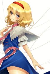 Rule 34 | alice margatroid, bad id, bad pixiv id, blonde hair, blue eyes, blush, capelet, dress, hair ornament, hair ribbon, highres, jewelry, ribbon, ring, smile, solo, string, thighs, touhou, yayoi maka