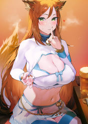 Rule 34 | 1girl, alcohol, animal ears, beer, blush, breasts, brown hair, brown nails, cleavage, covered erect nipples, cup, drinking glass, fox ears, fox tail, garter straps, green eyes, grin, heart, ikuchan kaoru, large breasts, long hair, looking at viewer, midriff, mole, mole under eye, navel, original, sitting, skirt, smile, solo, sweat, tail, thighhighs, white thighhighs