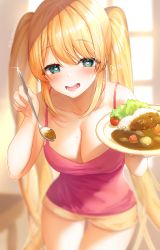 Rule 34 | 1girl, :d, absurdres, bare arms, blonde hair, blurry, blush, breasts, cleavage, collarbone, cowboy shot, curry, curry rice, day, depth of field, eyelashes, food, glint, green eyes, heart, heart-shaped pupils, highres, holding, holding plate, holding spoon, indoors, large breasts, long hair, looking at viewer, mole, mole on breast, mole on cheek, nakishaku yogaru, open mouth, parted bangs, pink tank top, plate, rice, short shorts, shorts, sidelocks, smile, solo, spoon, standing, symbol-shaped pupils, tank top, teltelhousi, thigh gap, tomato, twintails, twitter username, unreal night girls, virtual youtuber, yellow shorts