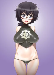 Rule 34 | 10s, 1girl, arms behind back, bare shoulders, black hair, black panties, blue eyes, blush, breasts, commentary request, crop top, girls und panzer, glasses, gluteal fold, highres, large breasts, long hair, looking at viewer, midriff, minazuki juuzou, navel, open mouth, oryou (girls und panzer), panties, ponytail, semi-rimless eyewear, simple background, smile, solo, standing, underwear