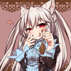 Rule 34 | 1girl, animal ear fluff, animal ears, cat ears, chocolate, hair between eyes, long hair, mouse (animal), nora cat, nora cat channel, red eyes, rutsubo, silver hair, smile, solo, two side up, virtual youtuber
