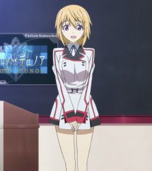 Rule 34 | 10s, 1girl, blonde hair, chalkboard, charlotte dunois, highres, infinite stratos, miniskirt, name, open mouth, purple eyes, school uniform, skirt, solo, stitched, third-party edit