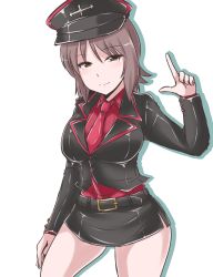 Rule 34 | 10s, 1girl, adapted costume, breasts, brown eyes, brown hair, girls und panzer, hat, highres, large breasts, looking at viewer, military, military uniform, nishizumi maho, peaked cap, pencil skirt, pointing, pointing up, sekitaku, short hair, skirt, smile, solo, thighs, uniform, white background
